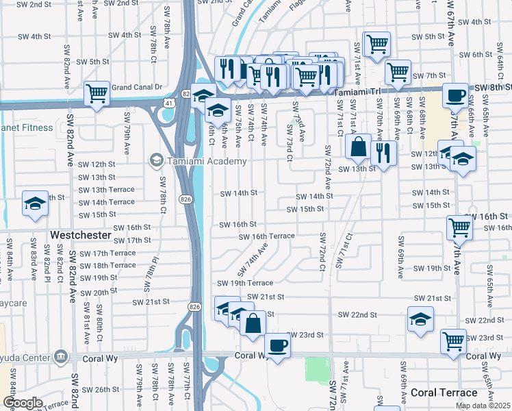 map of restaurants, bars, coffee shops, grocery stores, and more near 1482 Southwest 74th Avenue in Miami