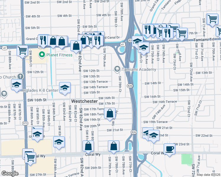 map of restaurants, bars, coffee shops, grocery stores, and more near 7880 Southwest 14th Terrace in Miami