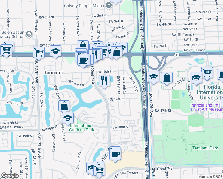 map of restaurants, bars, coffee shops, grocery stores, and more near 11922 Southwest 12th Terrace in Miami