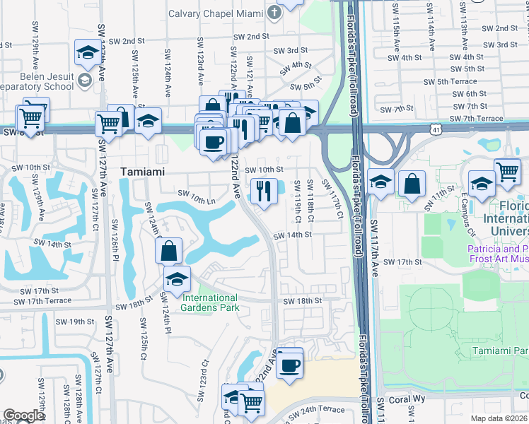 map of restaurants, bars, coffee shops, grocery stores, and more near 1101 Southwest 122nd Avenue in Miami