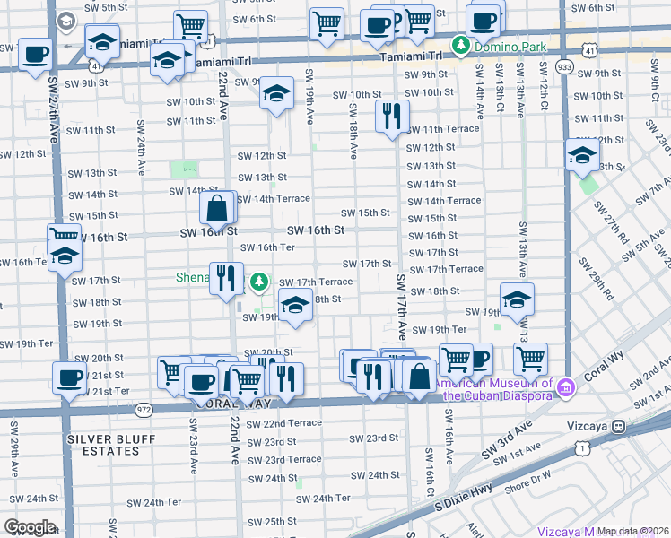 map of restaurants, bars, coffee shops, grocery stores, and more near 1884 Southwest 17th Street in Miami