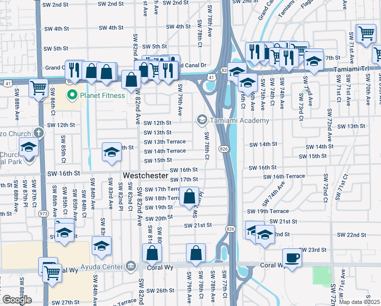 map of restaurants, bars, coffee shops, grocery stores, and more near 7880 Southwest 14th Terrace in Miami