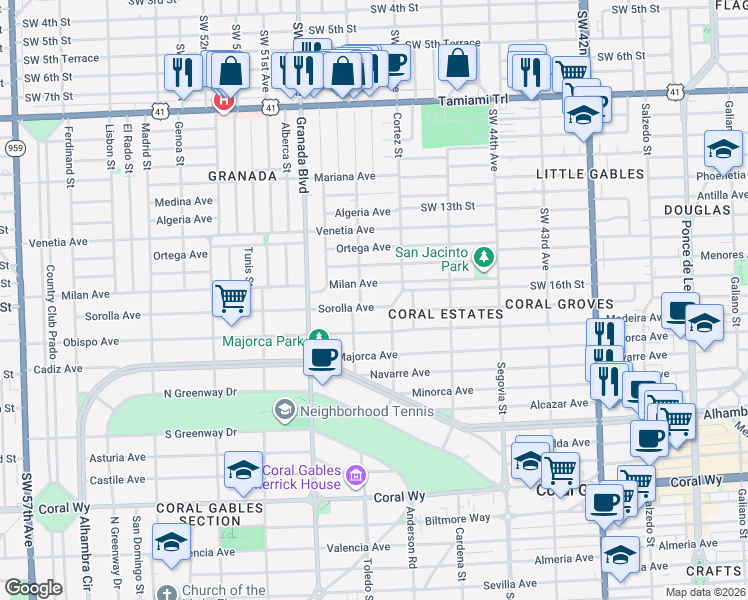 map of restaurants, bars, coffee shops, grocery stores, and more near 821 Sorolla Avenue in Coral Gables