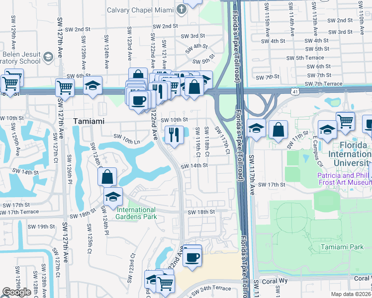 map of restaurants, bars, coffee shops, grocery stores, and more near 11922 Southwest 12th Terrace in Miami