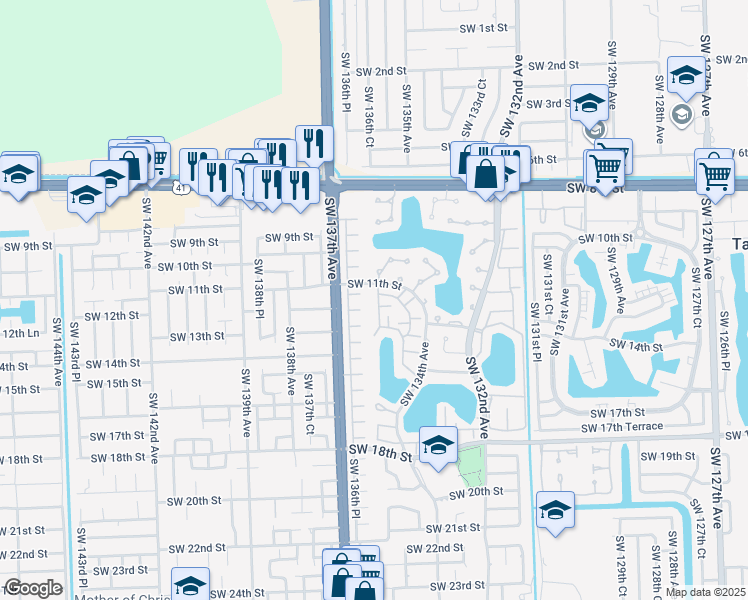 map of restaurants, bars, coffee shops, grocery stores, and more near 1138 Southwest 135th Place in Miami