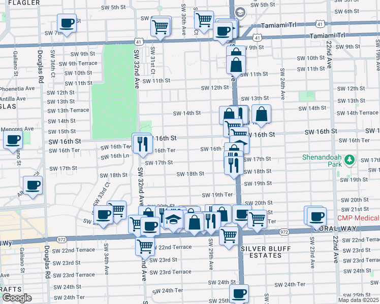 map of restaurants, bars, coffee shops, grocery stores, and more near 1627 Southwest 30th Avenue in Miami