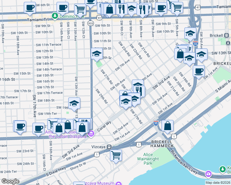 map of restaurants, bars, coffee shops, grocery stores, and more near 436 Southwest 27th Road in Miami