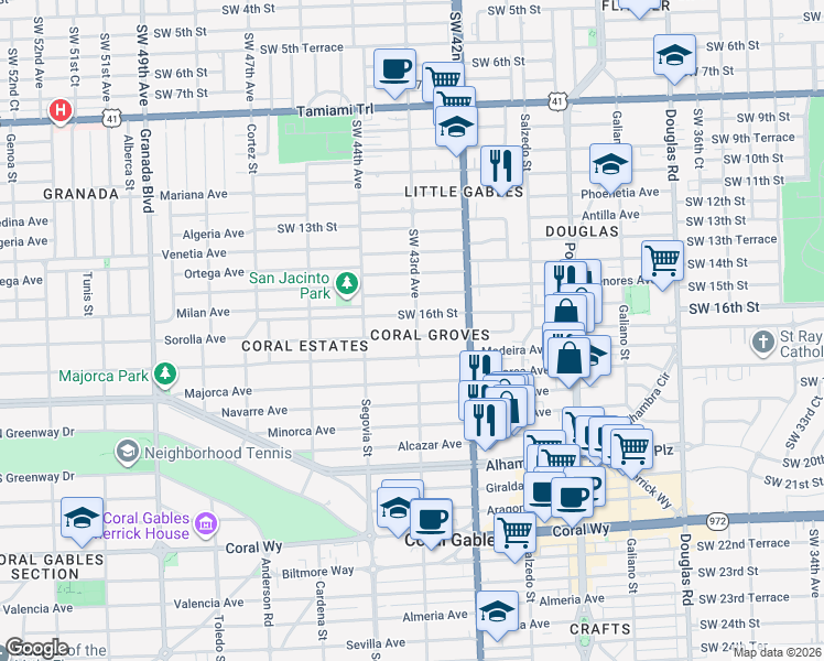 map of restaurants, bars, coffee shops, grocery stores, and more near in Coral Gables