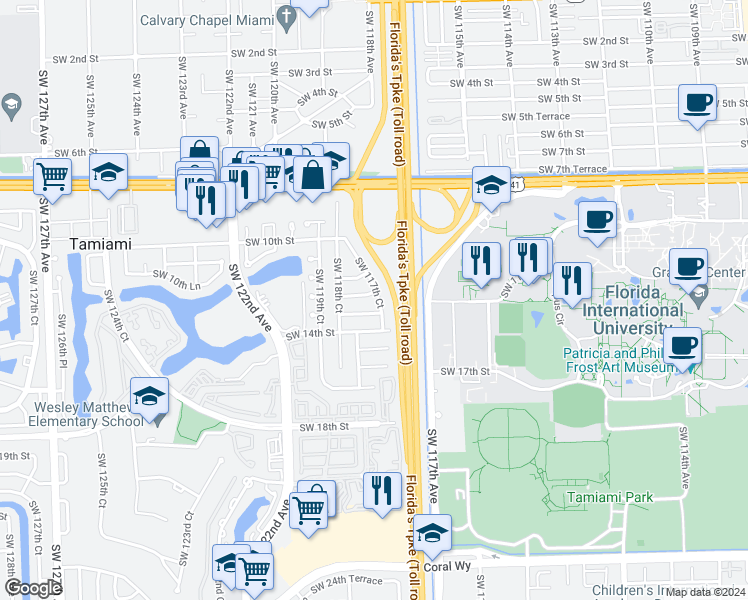 map of restaurants, bars, coffee shops, grocery stores, and more near 1202 Southwest 117th Court in Miami