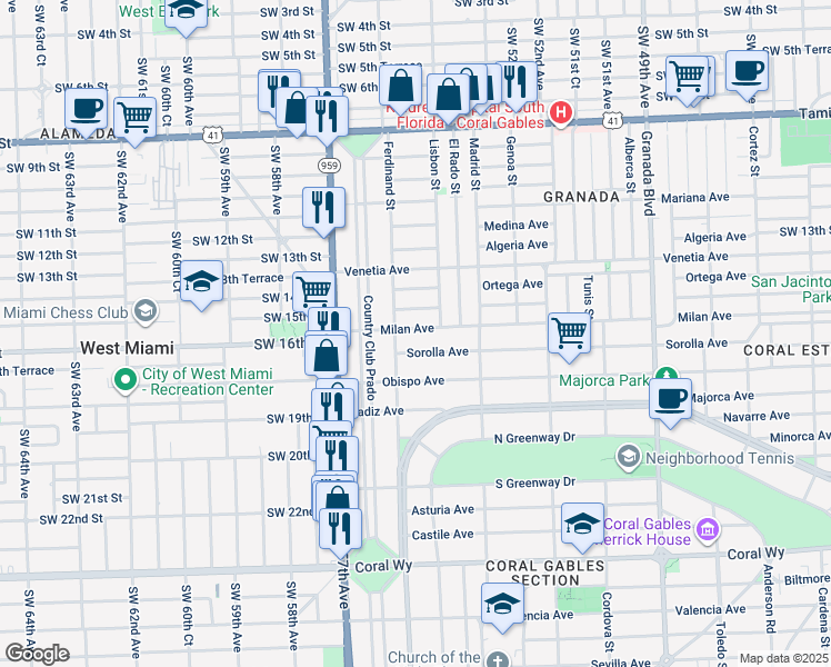 map of restaurants, bars, coffee shops, grocery stores, and more near 1426 Milan Avenue in Coral Gables