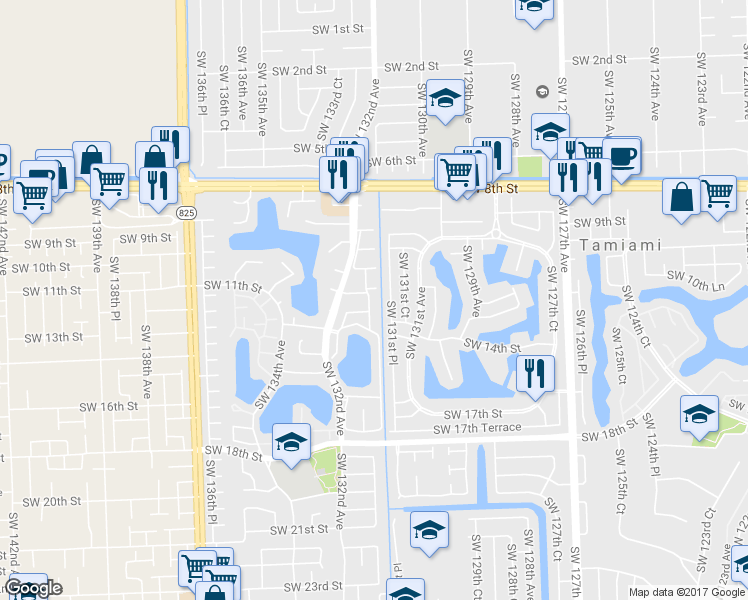 map of restaurants, bars, coffee shops, grocery stores, and more near 1099 Southwest 131st Place Court in Miami