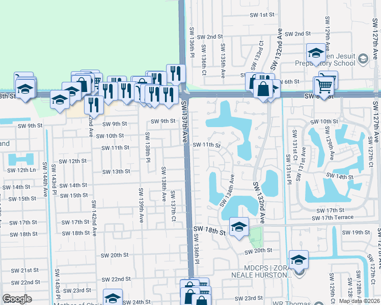 map of restaurants, bars, coffee shops, grocery stores, and more near 1114 Southwest 136th Place in Miami