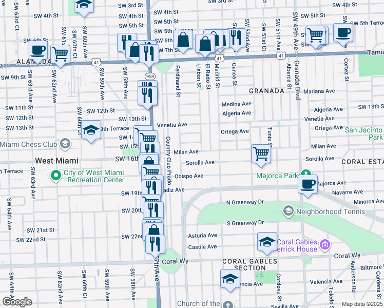 map of restaurants, bars, coffee shops, grocery stores, and more near 1426 Milan Avenue in Coral Gables
