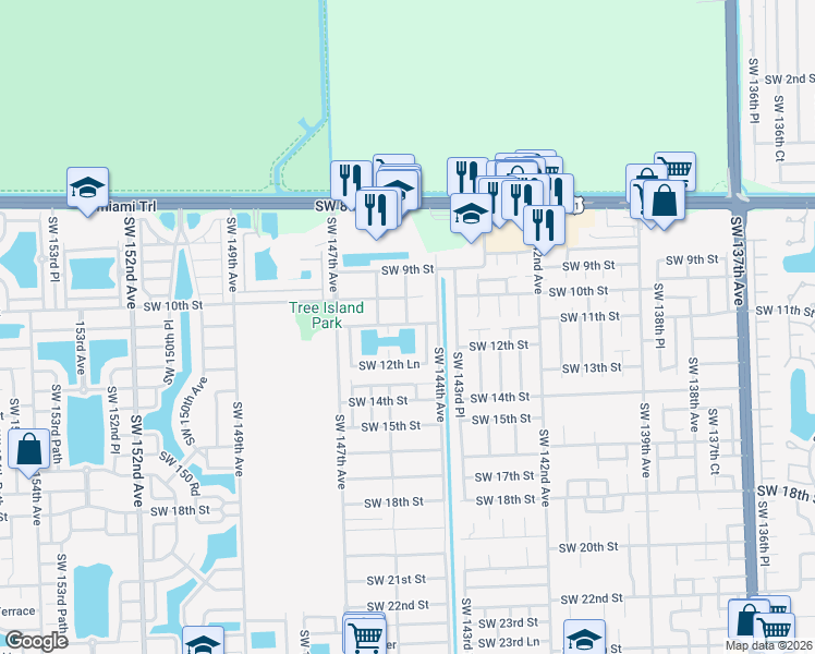 map of restaurants, bars, coffee shops, grocery stores, and more near 14436 SW 11th St in Miami