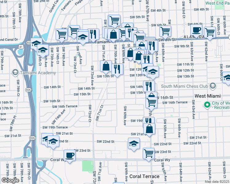 map of restaurants, bars, coffee shops, grocery stores, and more near 7001 Southwest 15th Street in Miami