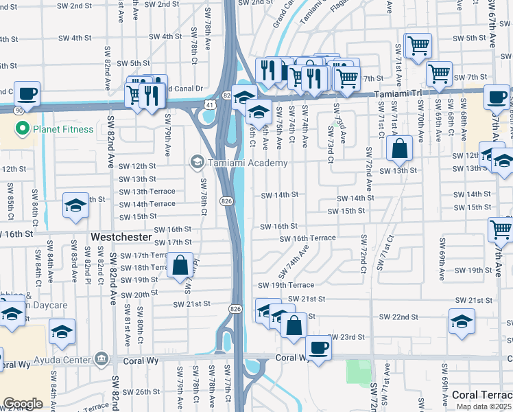 map of restaurants, bars, coffee shops, grocery stores, and more near 1435 Southwest 76th Court in Miami
