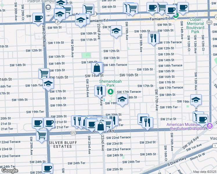 map of restaurants, bars, coffee shops, grocery stores, and more near 2144 Southwest 17th Street in Miami