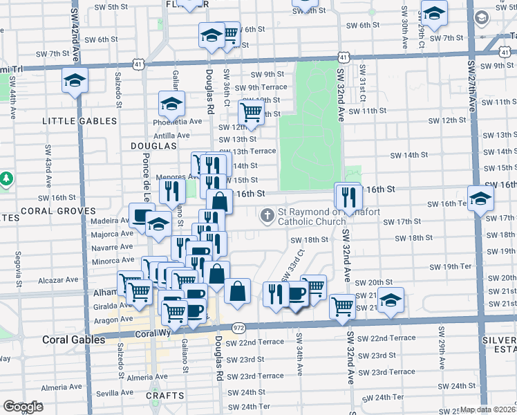map of restaurants, bars, coffee shops, grocery stores, and more near 3436 Southwest 16th Terrace in Miami