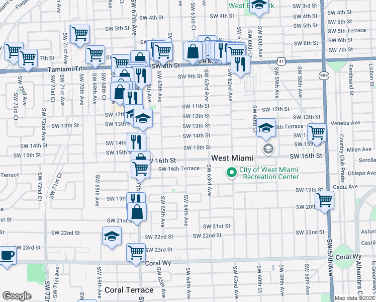 map of restaurants, bars, coffee shops, grocery stores, and more near 6386 Southwest 15th Street in West Miami