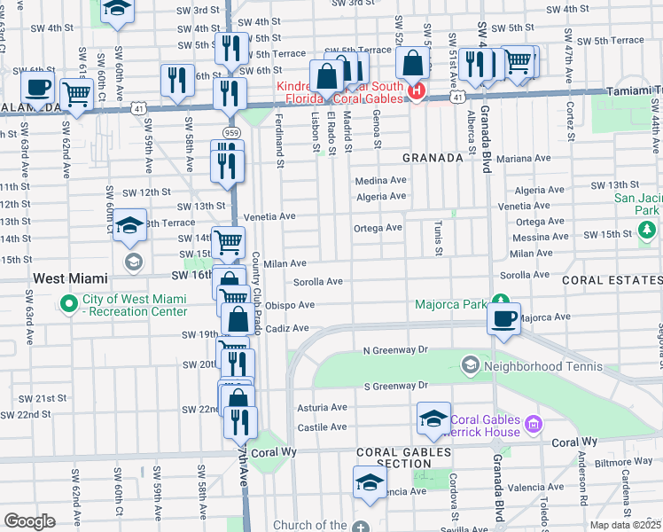 map of restaurants, bars, coffee shops, grocery stores, and more near 1322 Milan Avenue in Coral Gables