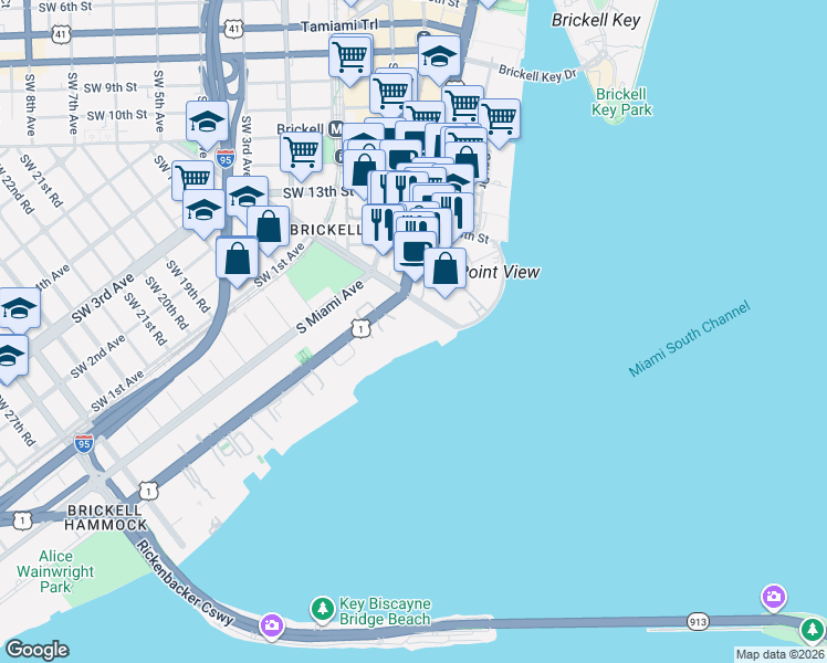 map of restaurants, bars, coffee shops, grocery stores, and more near 1581 Brickell Avenue in Miami