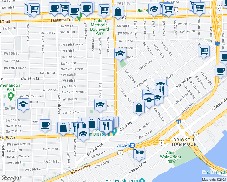 map of restaurants, bars, coffee shops, grocery stores, and more near 1739 Southwest 12th Avenue in Miami