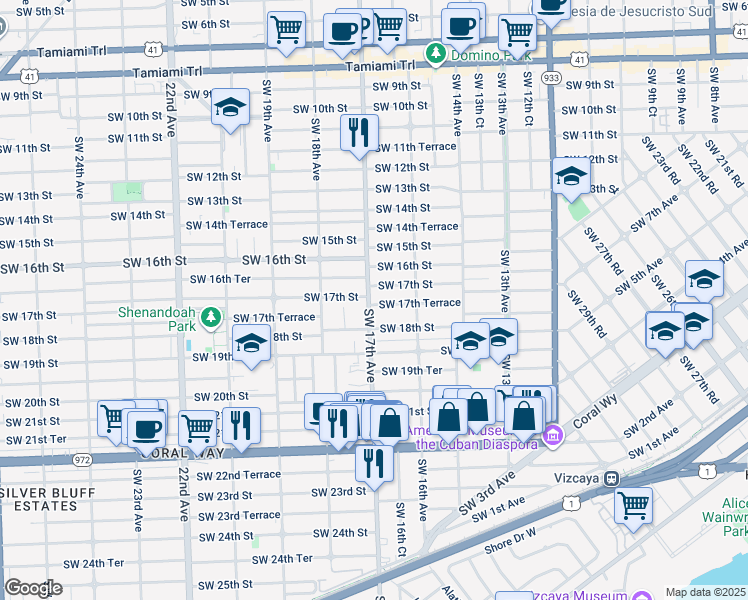 map of restaurants, bars, coffee shops, grocery stores, and more near 1645 Southwest 17th Terrace in Miami