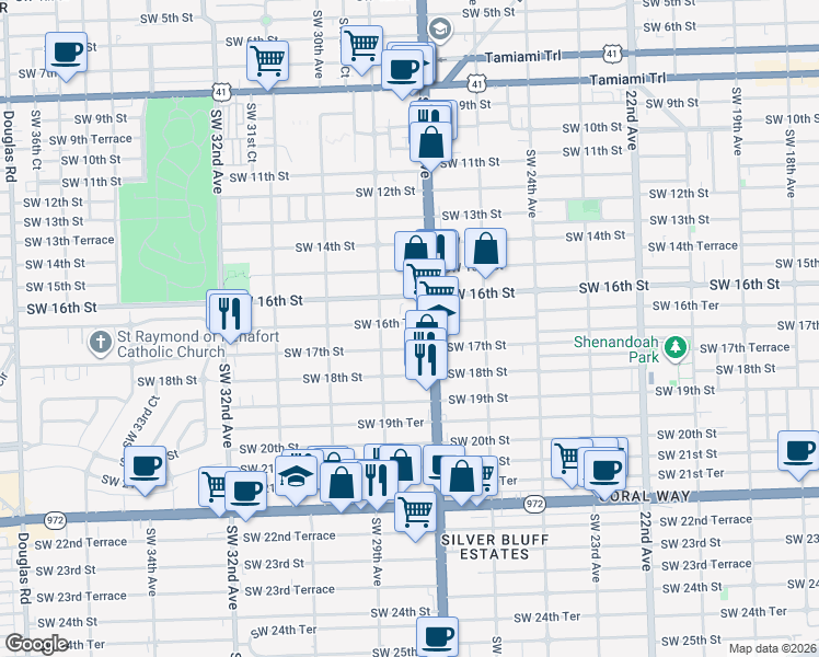 map of restaurants, bars, coffee shops, grocery stores, and more near 2752 Southwest 16th Terrace in Miami
