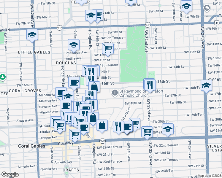 map of restaurants, bars, coffee shops, grocery stores, and more near 3420 Southwest 16th Terrace in Miami