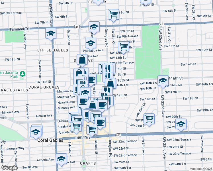 map of restaurants, bars, coffee shops, grocery stores, and more near 1627 Southwest 37th Avenue in Miami