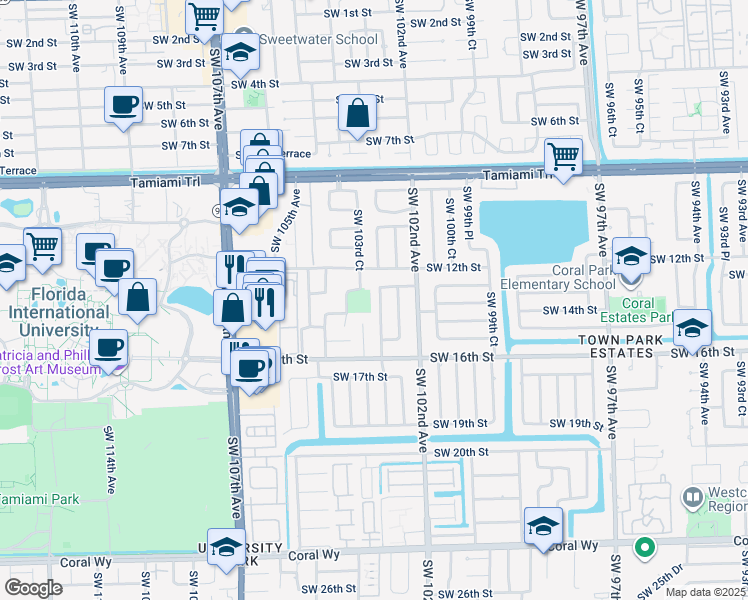 map of restaurants, bars, coffee shops, grocery stores, and more near 1320 Southwest 102nd Place in Miami