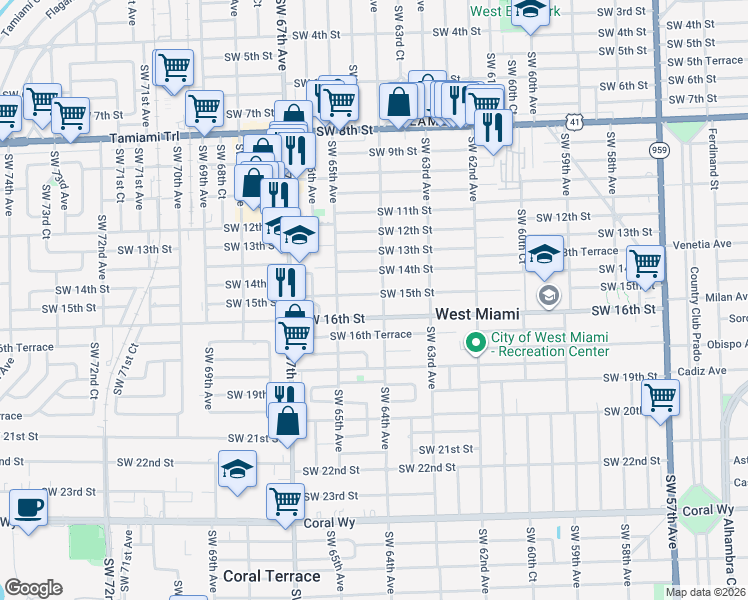 map of restaurants, bars, coffee shops, grocery stores, and more near 6386 Southwest 15th Street in West Miami