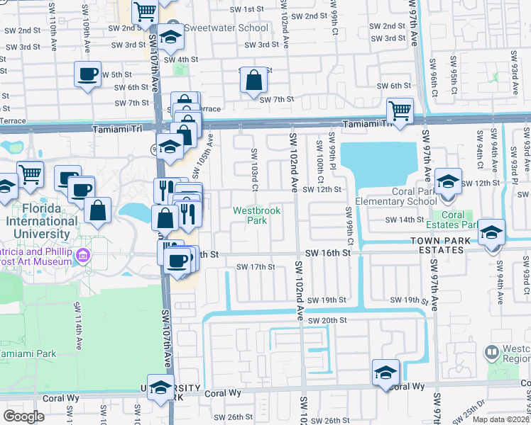 map of restaurants, bars, coffee shops, grocery stores, and more near 1320 Southwest 102nd Place in Miami