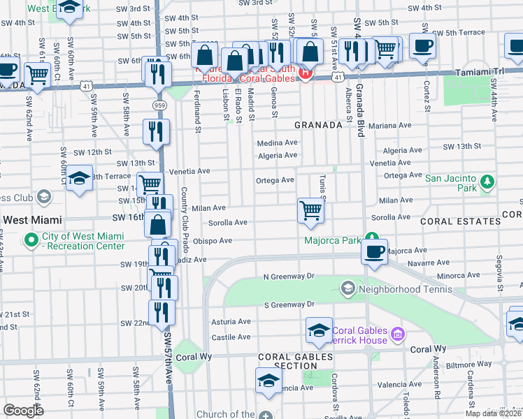 map of restaurants, bars, coffee shops, grocery stores, and more near 1256 Milan Avenue in Coral Gables