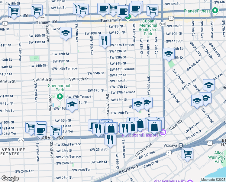map of restaurants, bars, coffee shops, grocery stores, and more near 1645 Southwest 17th Terrace in Miami