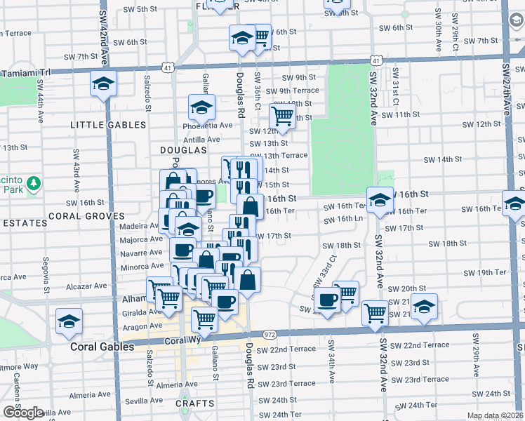 map of restaurants, bars, coffee shops, grocery stores, and more near 1610 Southwest 36th Avenue in Miami