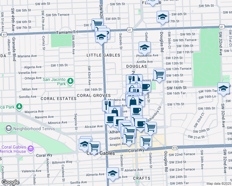 map of restaurants, bars, coffee shops, grocery stores, and more near 1620 Southwest 40th Avenue in Miami