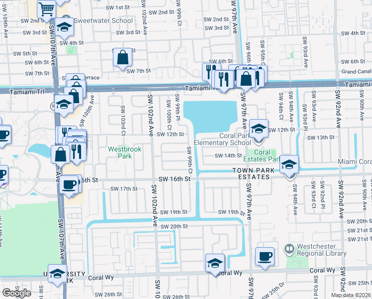 map of restaurants, bars, coffee shops, grocery stores, and more near 10000 Southwest 13th Terrace in Miami