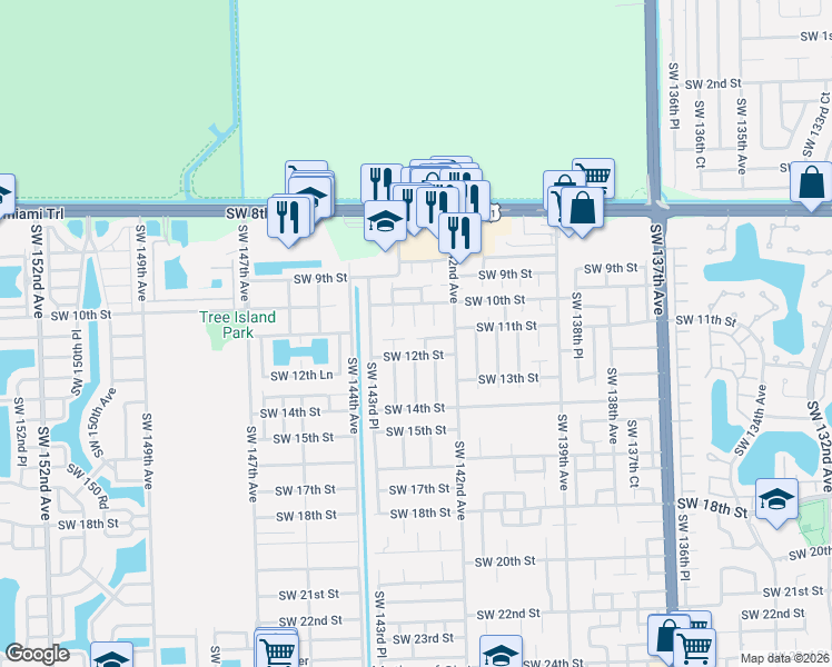 map of restaurants, bars, coffee shops, grocery stores, and more near 14343 Southwest 11th Terrace in Miami