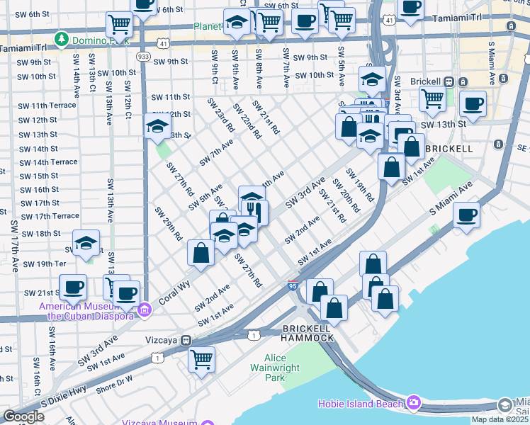map of restaurants, bars, coffee shops, grocery stores, and more near 2401 Southwest 3rd Avenue in Miami