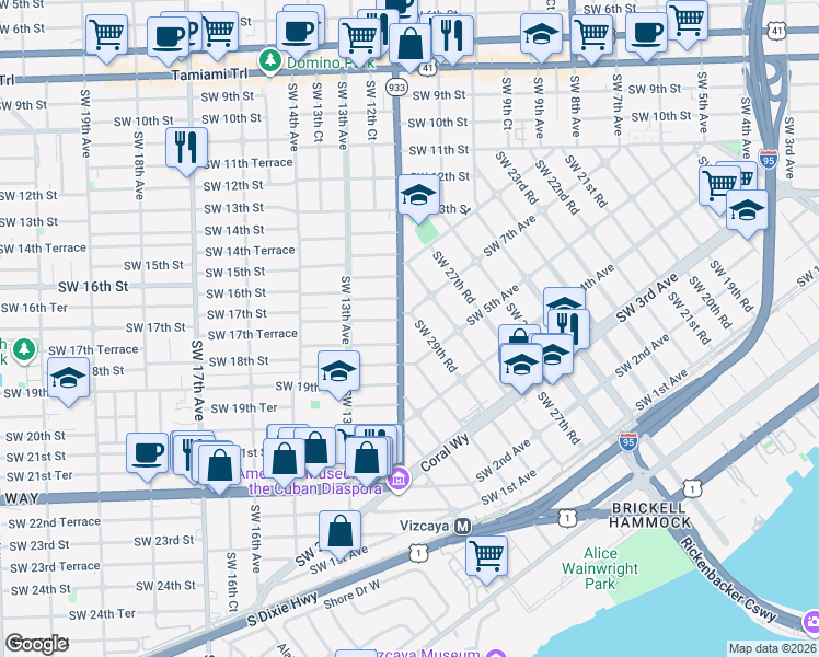 map of restaurants, bars, coffee shops, grocery stores, and more near 1739 Southwest 12th Avenue in Miami
