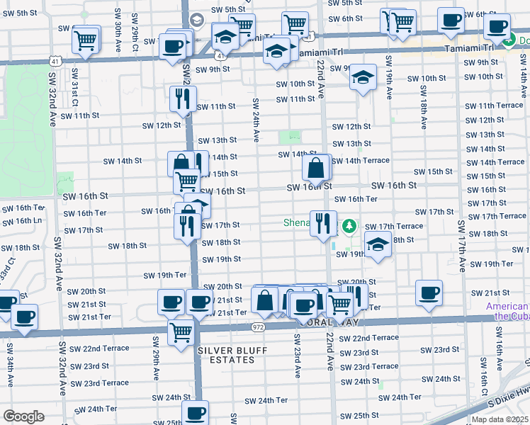 map of restaurants, bars, coffee shops, grocery stores, and more near 2340 Southwest 17th Street in Miami