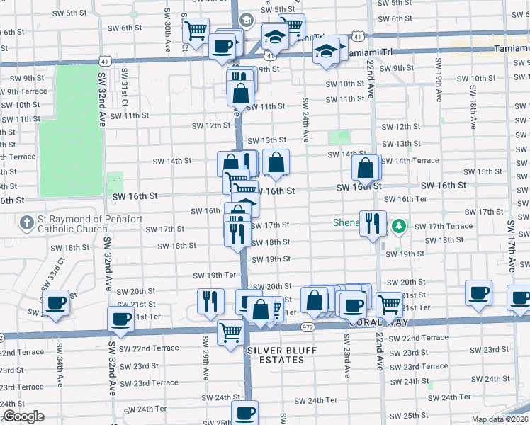 map of restaurants, bars, coffee shops, grocery stores, and more near 1678 Southwest 25th Avenue in Miami