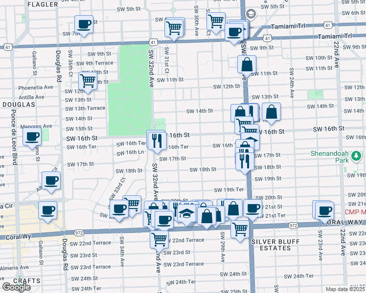 map of restaurants, bars, coffee shops, grocery stores, and more near 3070 Southwest 16th Terrace in Miami