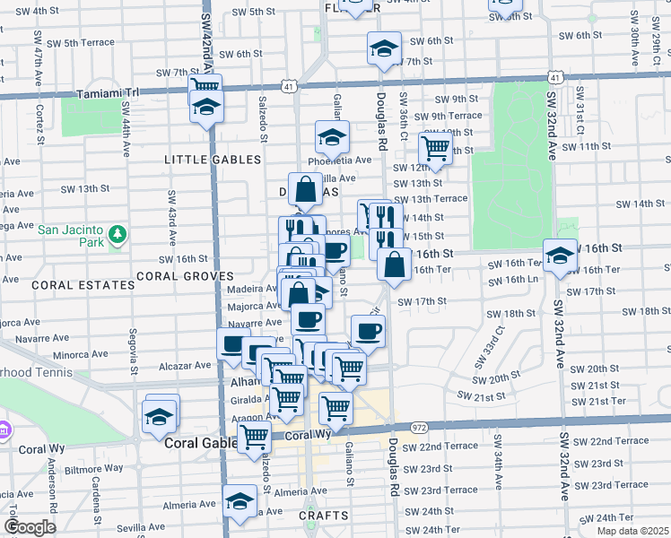 map of restaurants, bars, coffee shops, grocery stores, and more near 110 Zamora Avenue in Coral Gables