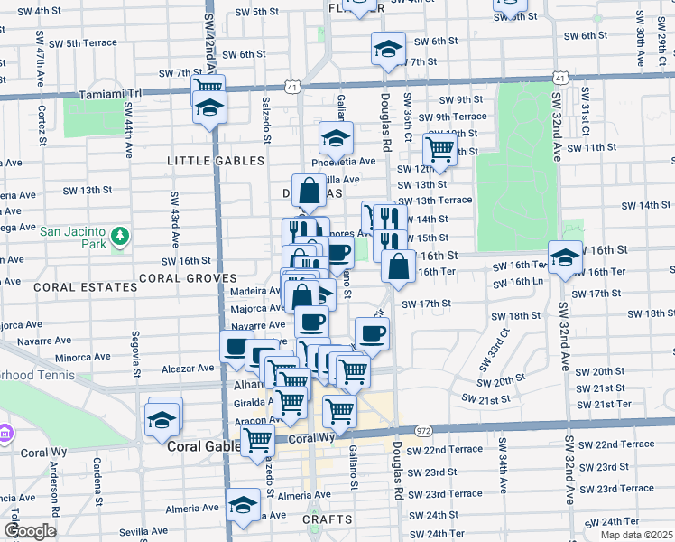 map of restaurants, bars, coffee shops, grocery stores, and more near 110 Zamora Avenue in Coral Gables