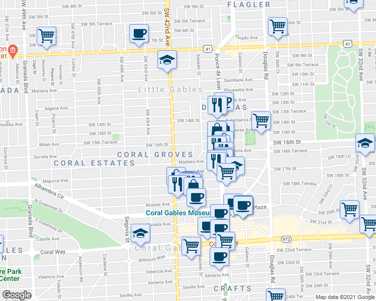 map of restaurants, bars, coffee shops, grocery stores, and more near 4017 Southwest 16th Terrace in Miami