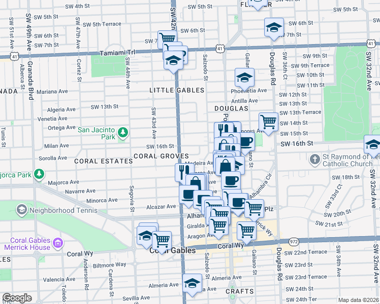 map of restaurants, bars, coffee shops, grocery stores, and more near 4017 Southwest 16th Terrace in Miami