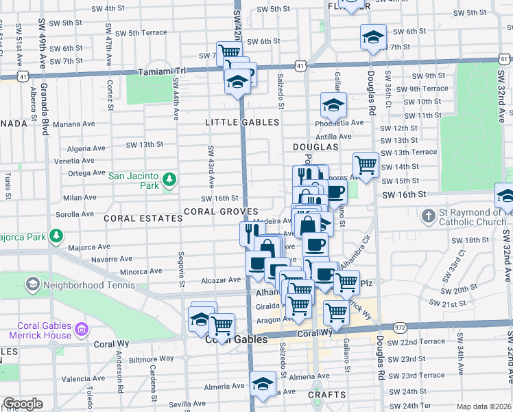 map of restaurants, bars, coffee shops, grocery stores, and more near 4017 Southwest 16th Terrace in Miami
