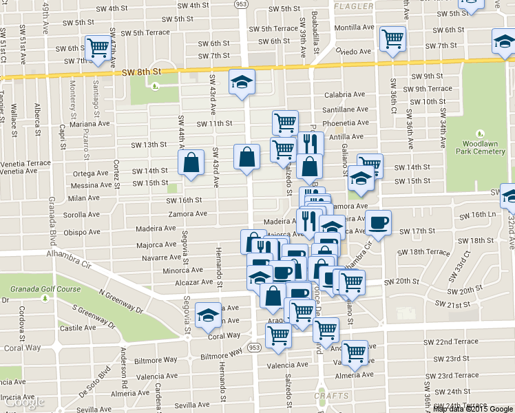 map of restaurants, bars, coffee shops, grocery stores, and more near 4017 Southwest 16th Terrace in Miami